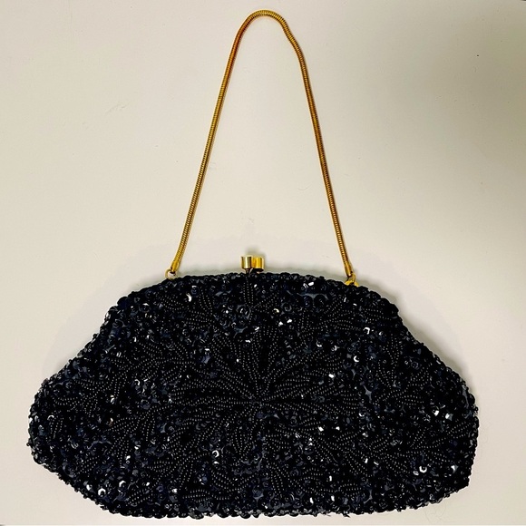 Vintage Black Hand Beaded Bag Made in Hong Kong - Picture 1 of 7